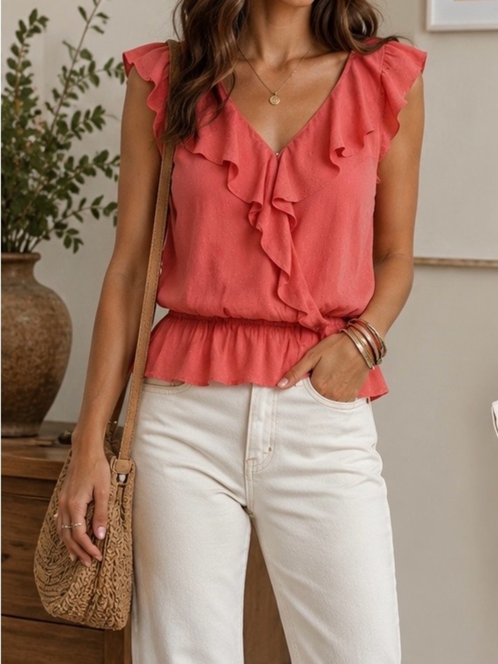 PAIGE Dusty Bubblegum‎ Pink Ruffle Peplum Blouse Flutter Sleeve Rayon Top S